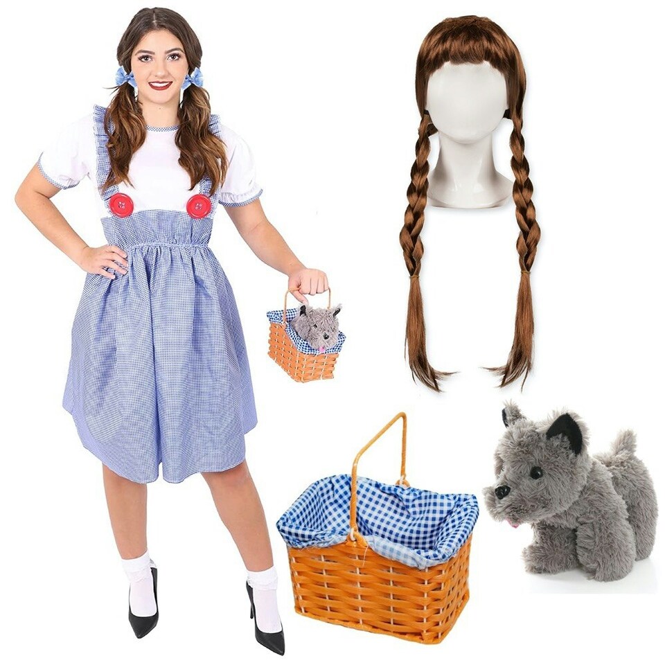 image 1 of Kansas Girl Costume - Dress, Dog, Basket & Brown Plait Wig Blue | 2XL