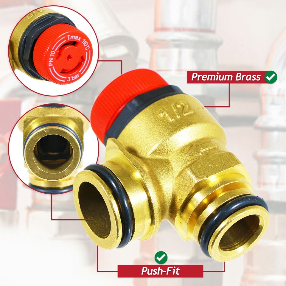 image 1 of SPARES2GO Boiler Pressure Relief Valve 3 Bar 1/2" BSP Push Fit Brass PN 10 Safety PRV