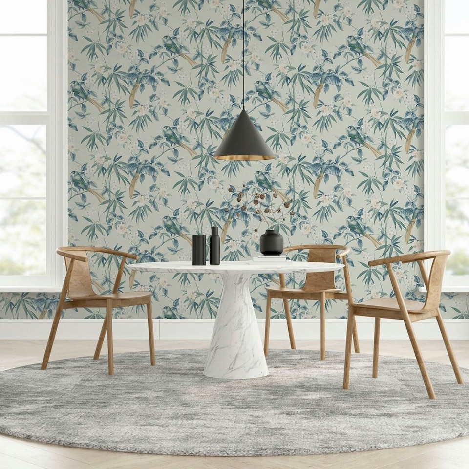 image 1 of Arthouse Oriental Floral Birds Wallpaper - Grey/Blue - 10m x 53cm Grey