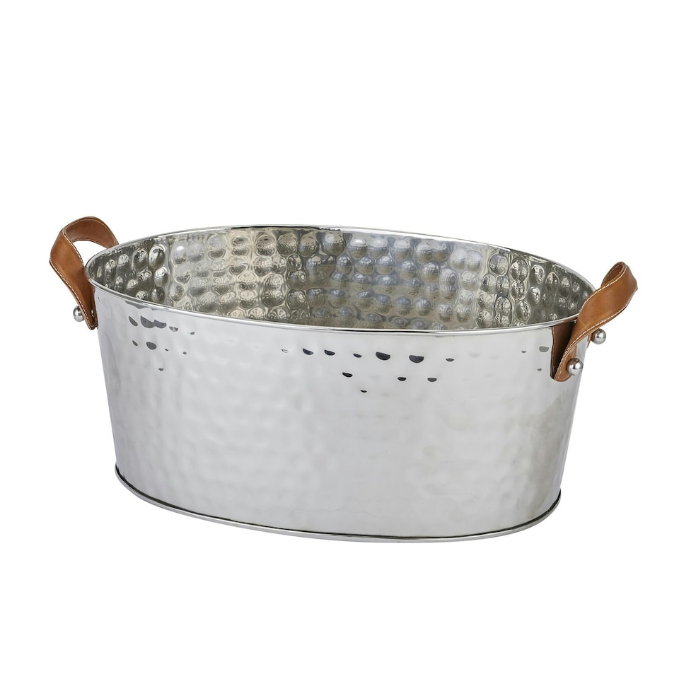 Hill Interiors Leather Handled Hammered Champagne Bucket - Silver/Brown - 23cm x 34cm x 55cm