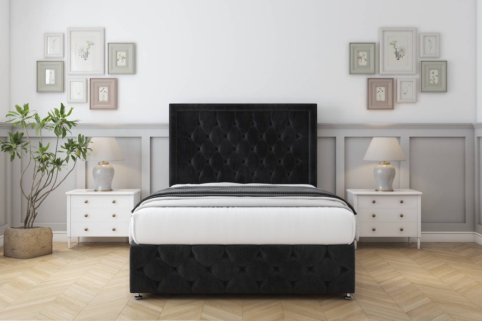 image 1 of Sloomy Vienna Black Naples Divan Bed Base No Drawers With 54 Inch Floor Standing Headboard & 12 Inch Matching Footboard | Black | Black | Double | 1