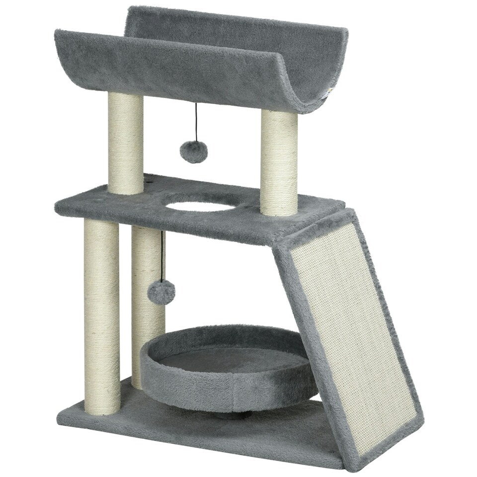 image 1 of PawHut Cat Tree Kitten Tower with Scratching Post Bed Perch Toy, Light Grey