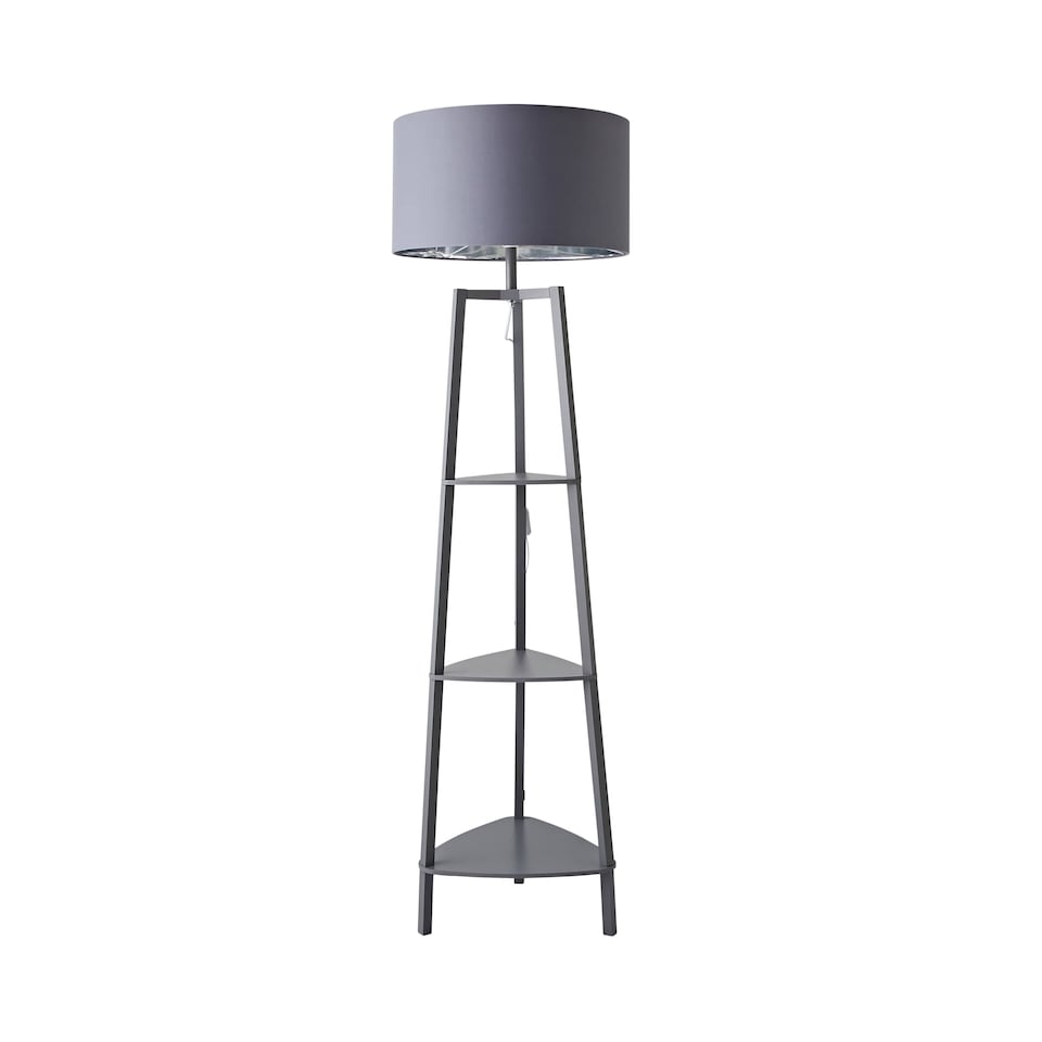 image 1 of ValueLights Hiru Grey 3 Tier Shelf Floor Lamp Grey Chrome Shade | Grey