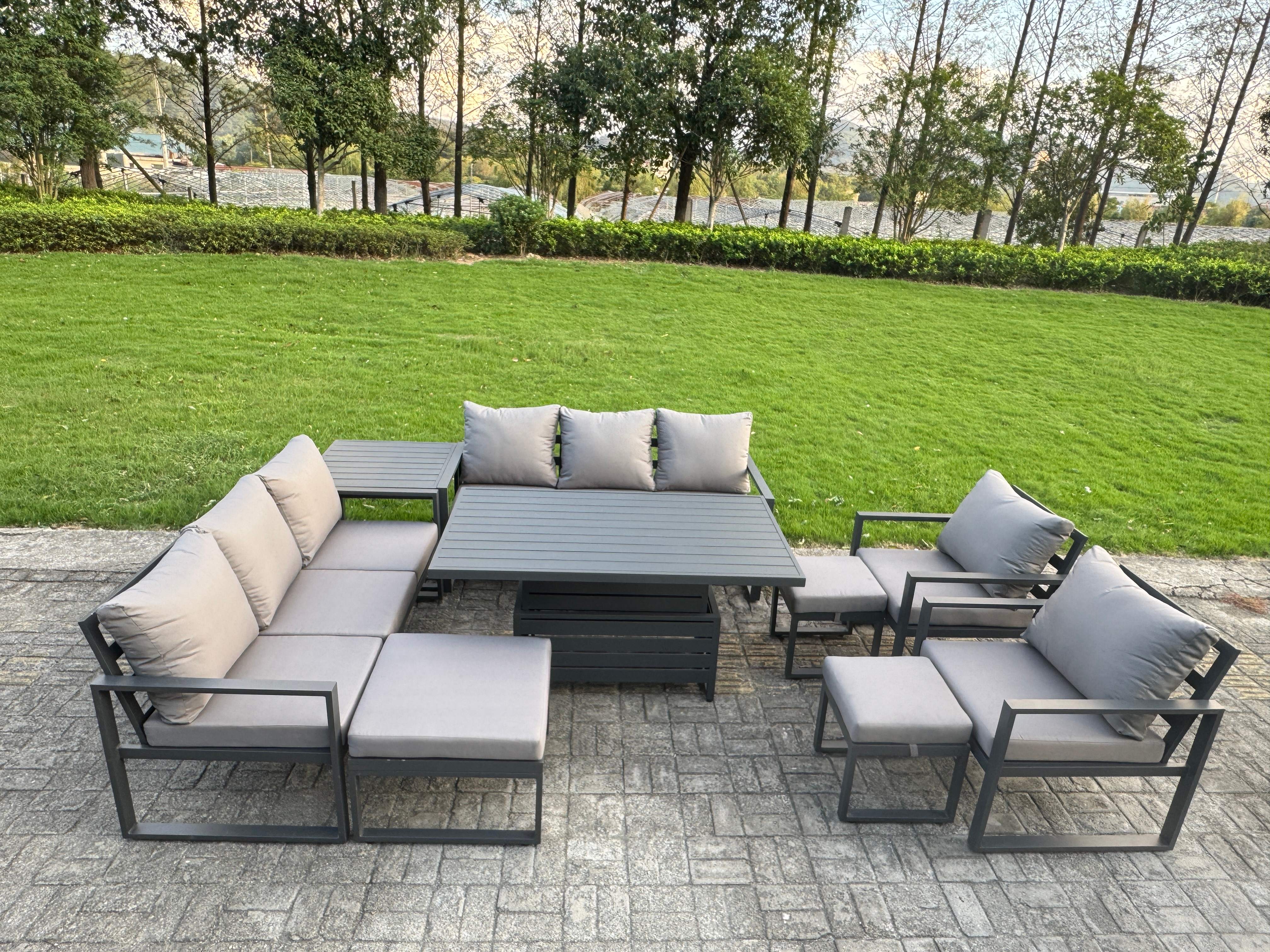 Fimous 9 Piece Garden Furniture Set 11-Seater Aluminium Outdoor Dining Set with Adjustable Rising Lifting Dining Table & Cushions Side Table 3 Footsto