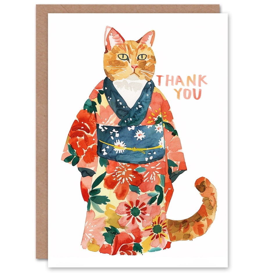image 1 of Orange Tabby Floral Kimono Cat Lover Watercolour Thank You Card
