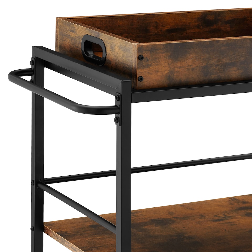 image 1 of Drinks Trolley Worcester - 3 shelves and removable tray, 4 swivel castors with parking brake | Brown | Industrial wood dark, rustic | 65 x 41,50 x 87 cm | 1