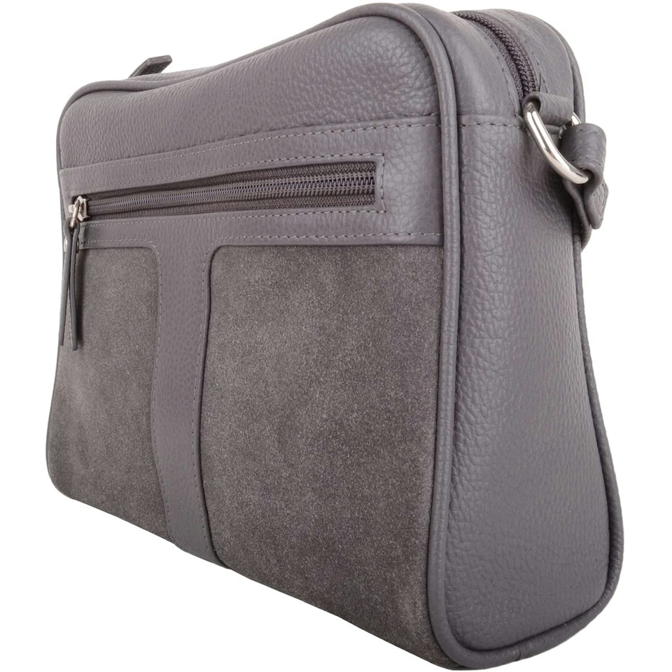image 1 of Genuine Soft Leather Crossbody Shoulder Handbag with Suede Panelling Grey | Dark Grey