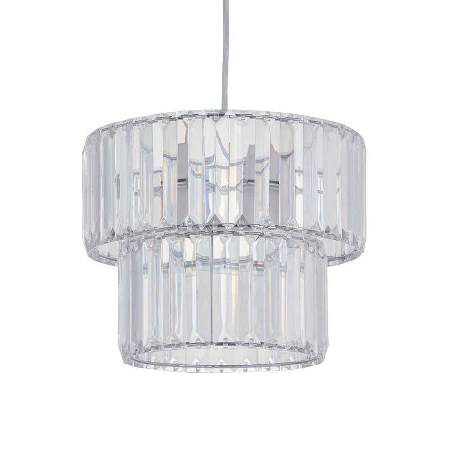 image 1 of Set of 2 Clint - Clear Acrylic Two Tier Easy Fit Pendant Shades | Clear | Clear acrylic with polished chrome plate detail | 2