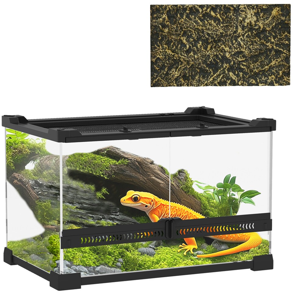 image 1 of PawHut 10L Glass Terrarium, Reptile Vivarium with Stone Background, Black