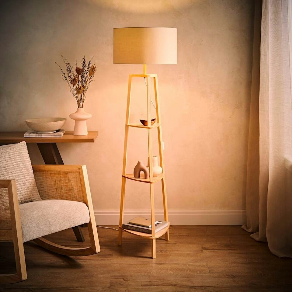 image 1 of ValueLights Hiru Wooden 3 Tier Shelf Floor Lamp Natural Shade & Bulb Cream