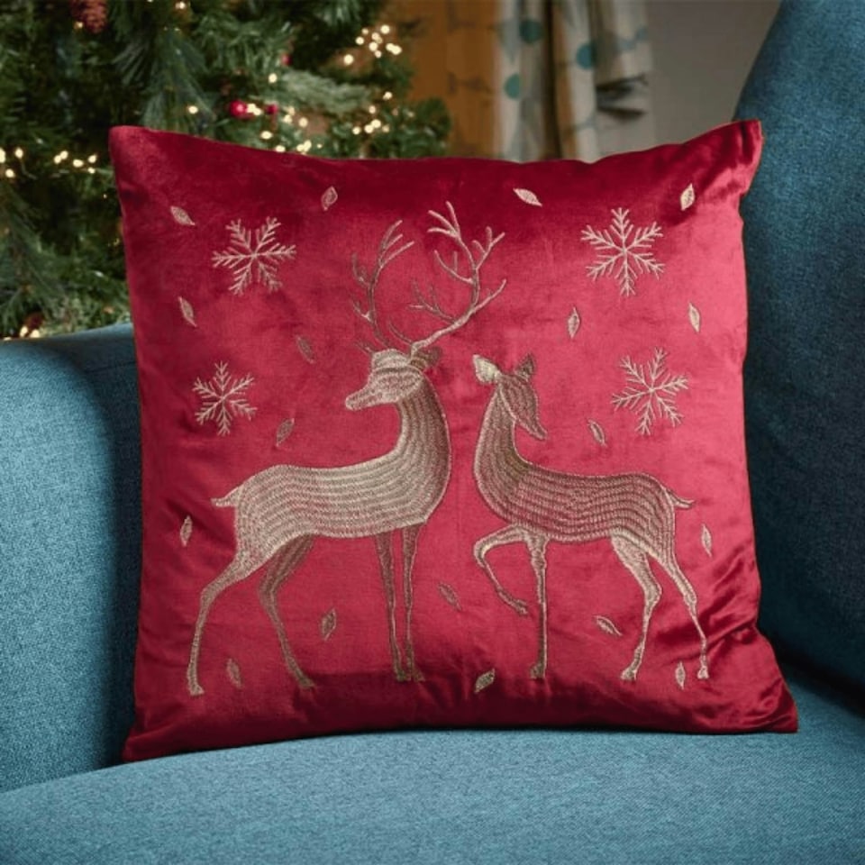 image 1 of 45 x 45cm Soft Fabric Christmas Reindeer Chair Cushion in Ruby Red