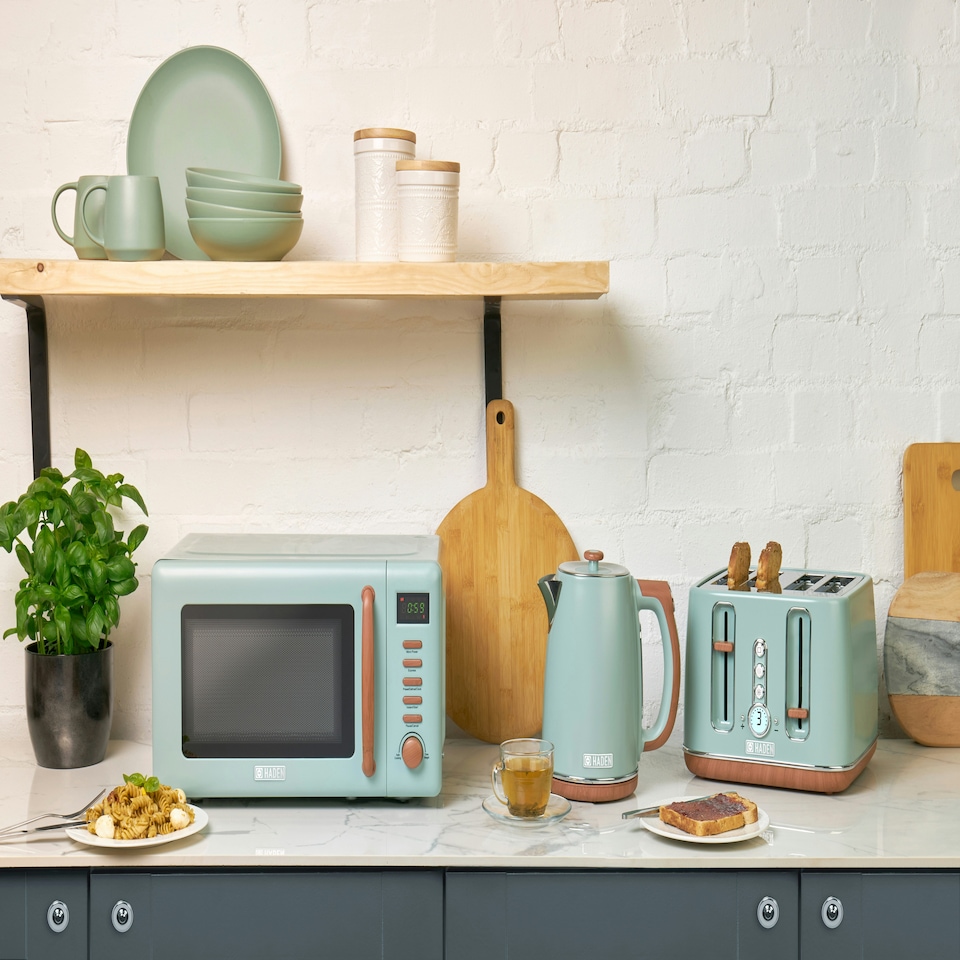 image 1 of HADEN Dorchester Sage Triple Pack - Kettle, 4 Slice Toaster & Microwave Oven