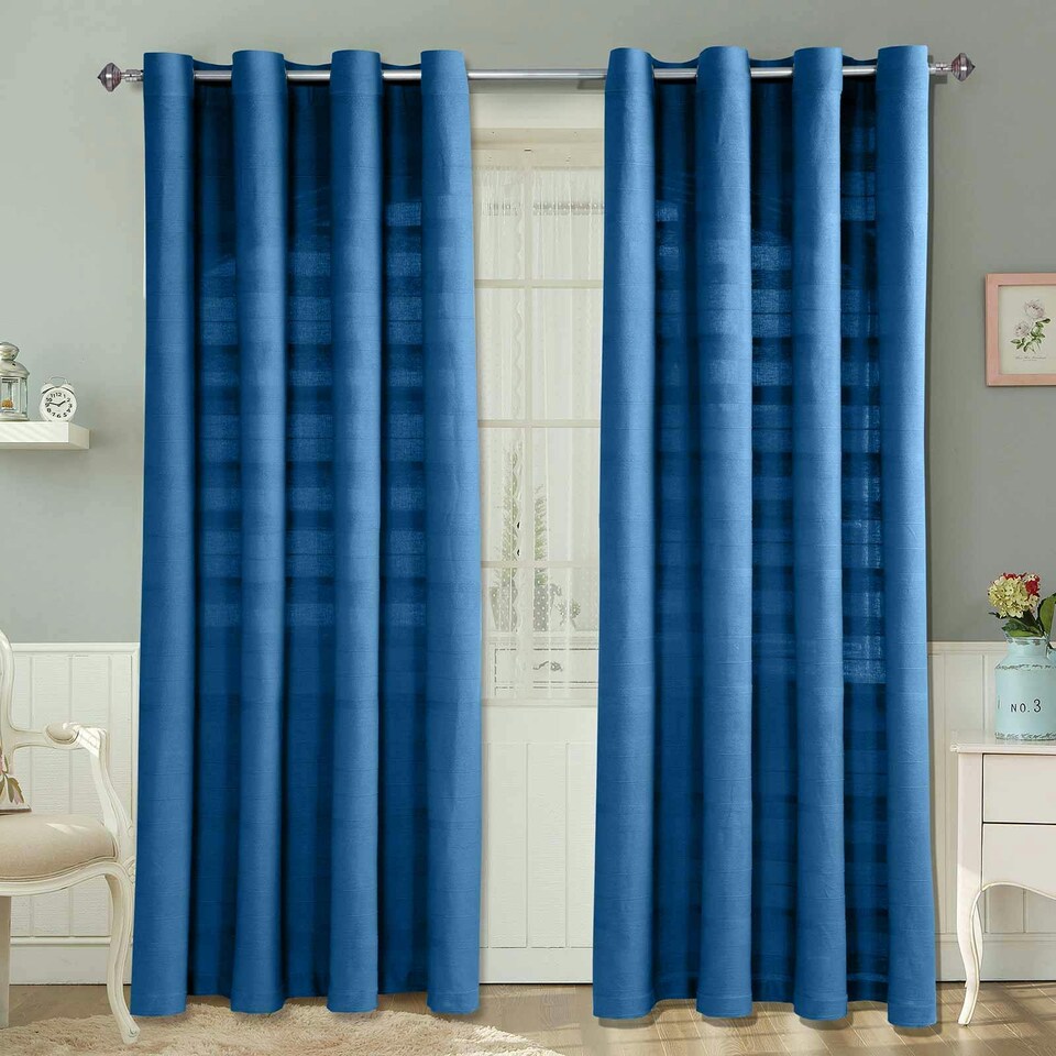 Cf Rajput Homescapes Cotton Rajput Ribbed Blue Curtain Pair - 54 x 54 Inches Drop ...