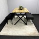 image 2 of Wooden Brown Dining Table with 2 Black Velvet Padded Benches, Stylish Dining Room Furniture