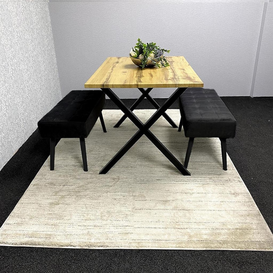 image 1 of Wooden Brown Dining Table with 2 Black Velvet Padded Benches, Stylish Dining Room Furniture