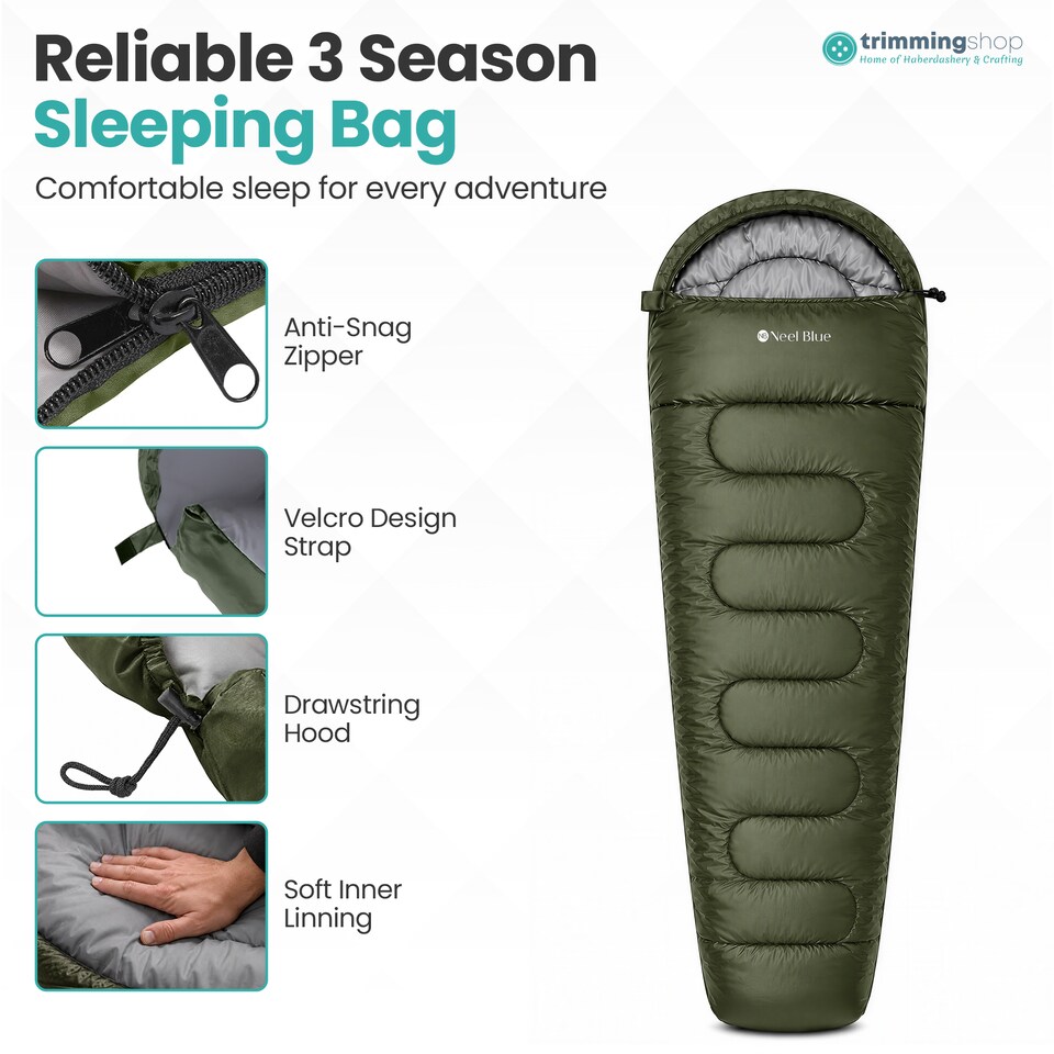 image 1 of 350GSM Mummy Waterproof Sleeping Bag with Hood, 6ft Adults - 3-4 Season