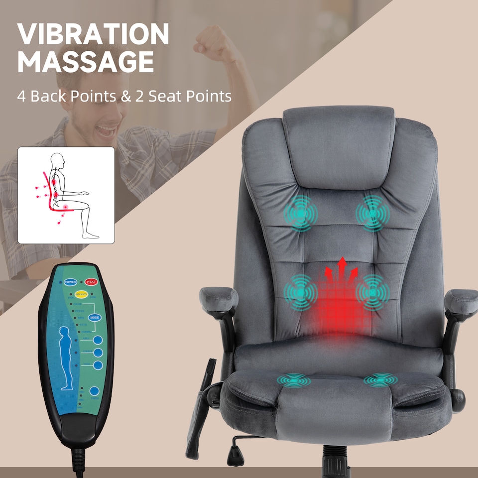 image 1 of Vinsetto Office Chair, Desk Chair with 6-Point Massage and Back Heated, Velvet-Feel Fabric Computer Chair with Arms, Lumbar Support, Gray