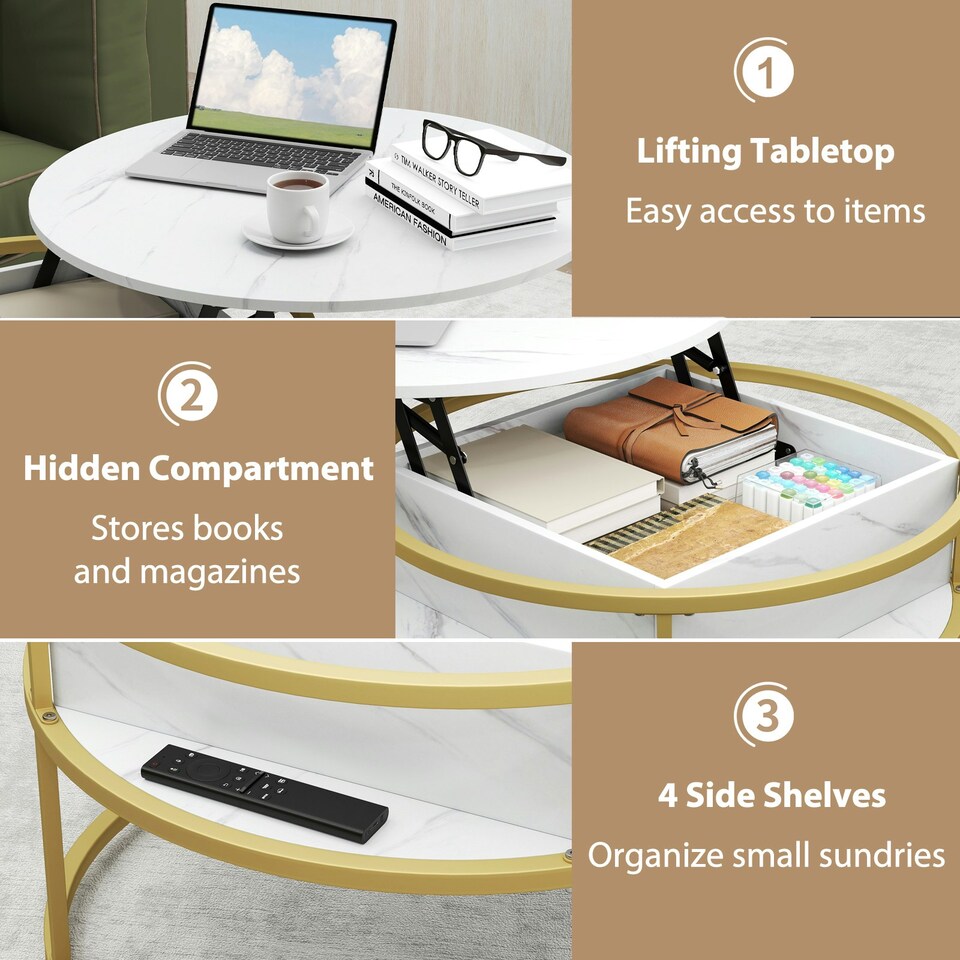 image 1 of COSTWAY Lift Top Coffee Table with Side Shelves White