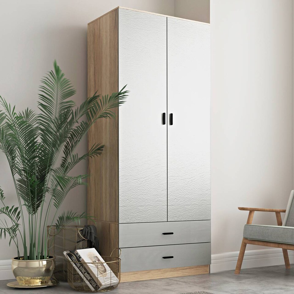 image 1 of 2-Door 2-Drawer Wardrobe with Storage Shelf, and Hanging Space - 180x75x46cm | Brown | Oak & Grey | 1