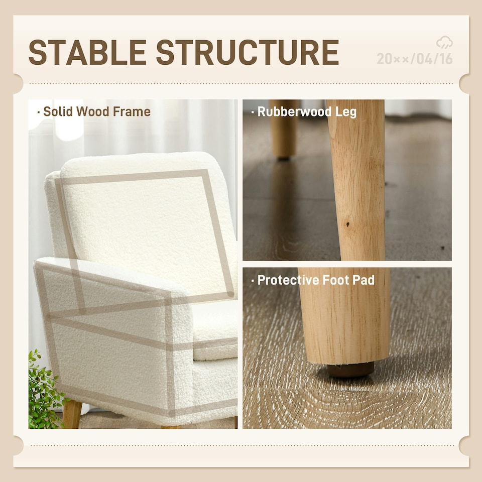 image 1 of HOMCOM Modern Accent Chair with Wood Legs, Wide Seat, Cream