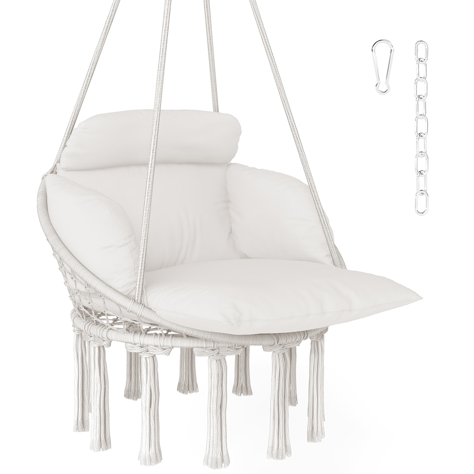 image 1 of Outsunny Hanging Chair Outdoor Hammock Chair with Soft Cushion, Cotton Rope Boho Style Swing Chair, Hanging Garden Swing Seat for Indoor Outdoor, Cream White | Cream | Cream