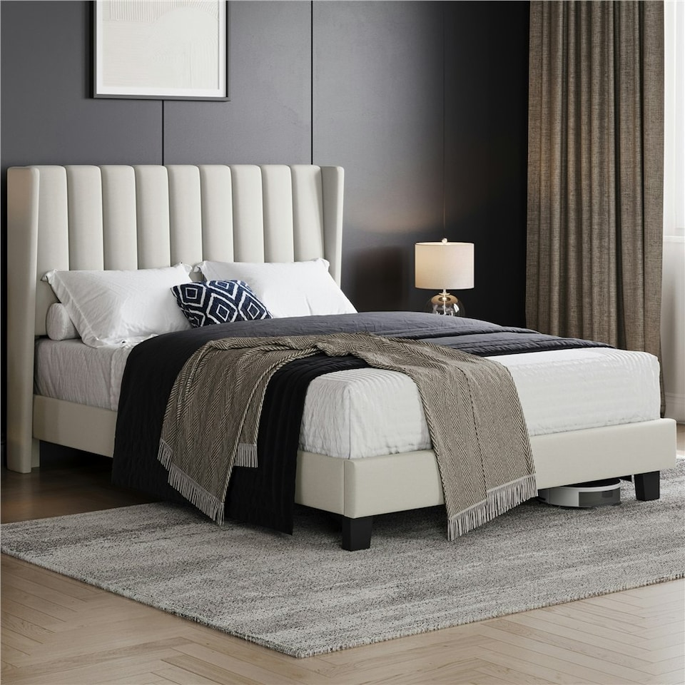 image 1 of Yaheetech 135 cm W x 190 cm L Upholstered Bed Frame with Wing Side Beige