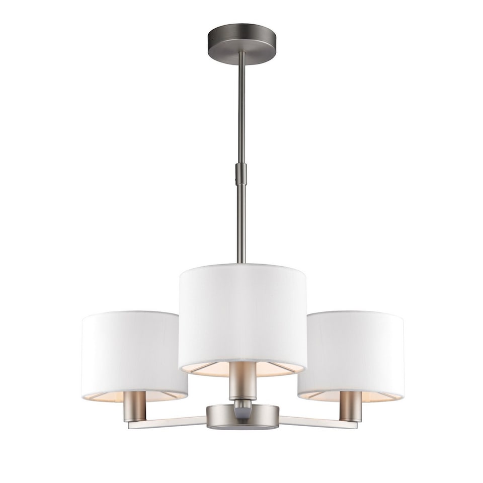 image 1 of Daley 3 Light Multi Arm Ceiling Pendant Matt Nickel, Triple Shade Vintage White Silk Effect, E14