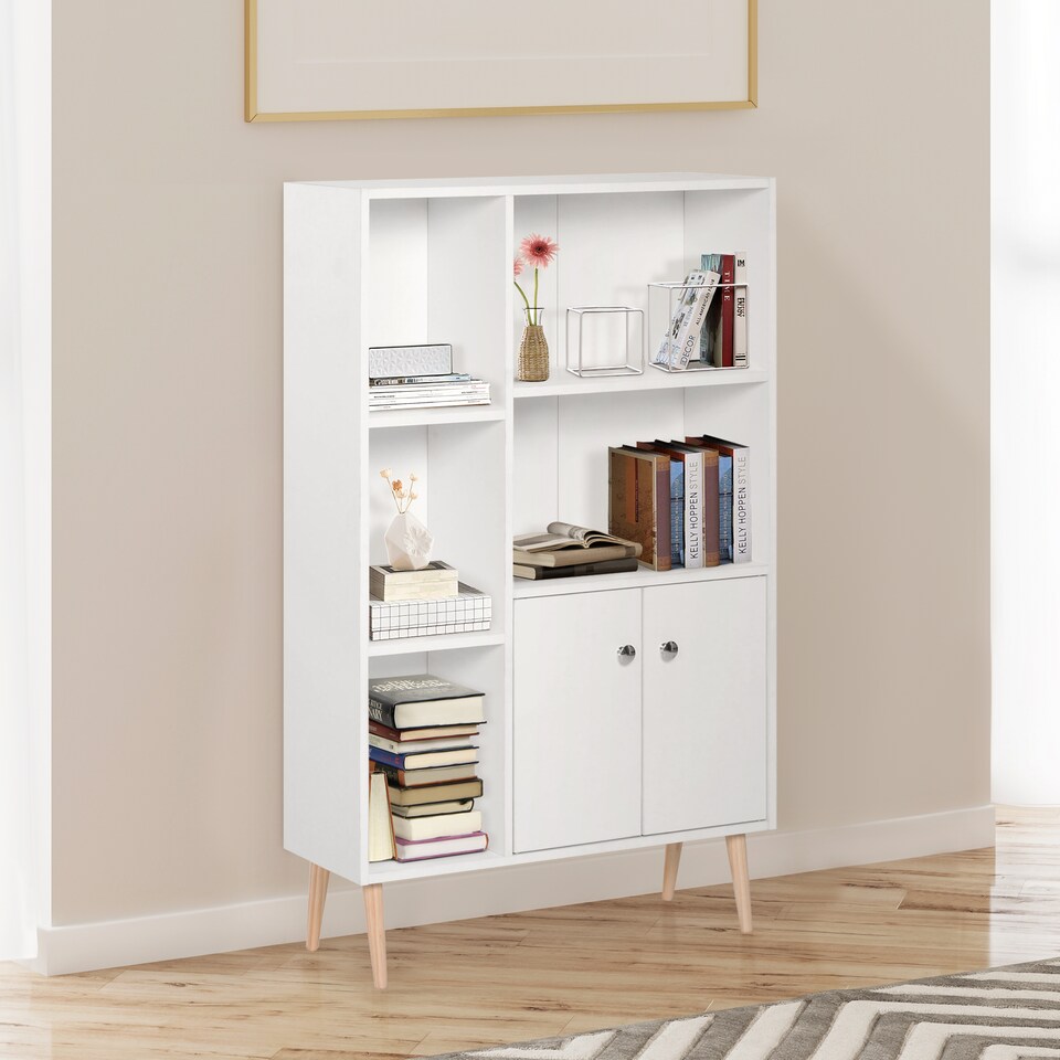 image 1 of HOMCOM Sideboard Storage Cabinet Cupboard, Open Bookcase with 2 Doors 5 Compartments Wooden Modern Style for Living Room Bedroom Kitchen 80 x 23 x 123 cm, White
