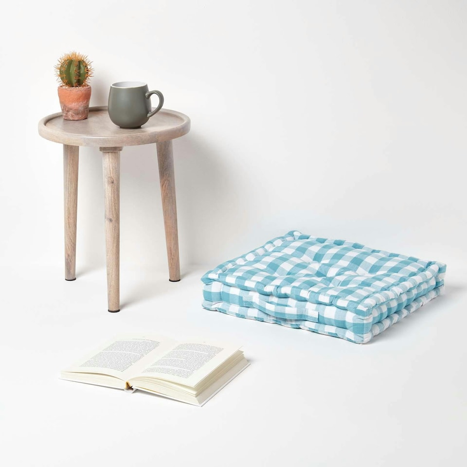 image 1 of Homescapes Blue Block Check Cotton Gingham Floor Cushion - 40 x 40 cm | Blue | 40 x 40 cm
