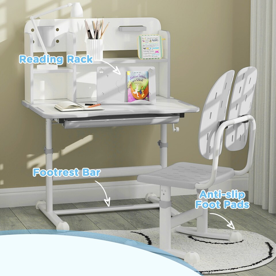 image 1 of AIYAPLAY Kids Desk and Chair Set w/ Tiltable Desktop, Reading Rack, Grey