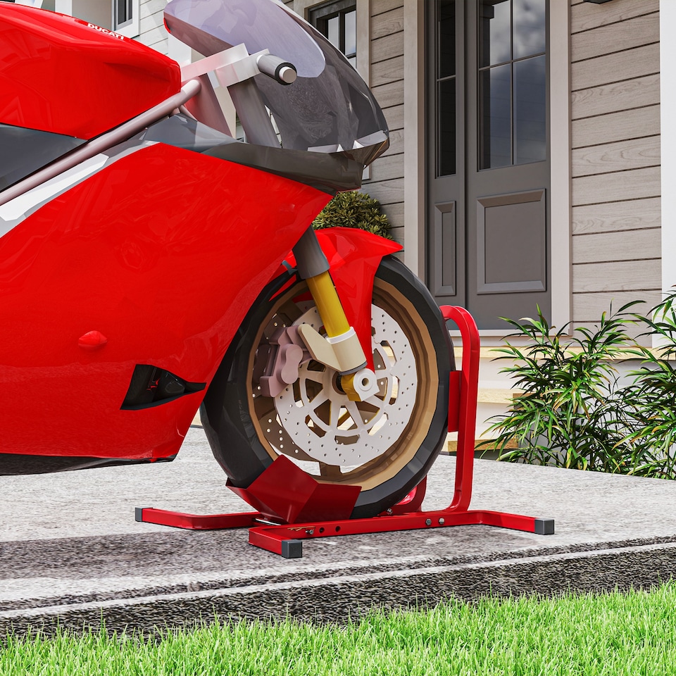 image 1 of HOMCOM Adjustable Motorcycle Wheel Chock Motorbike Holder with Metal Frame | Red | Red | 60cmx55cmx43cm
