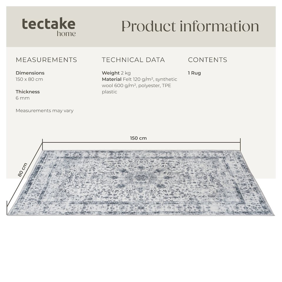 image 1 of Washable Rug Aliya - different sizes, oriental pattern, non-slip underside, non-allergenic short pile | Grey | grey | 80 x 150 cm | 1