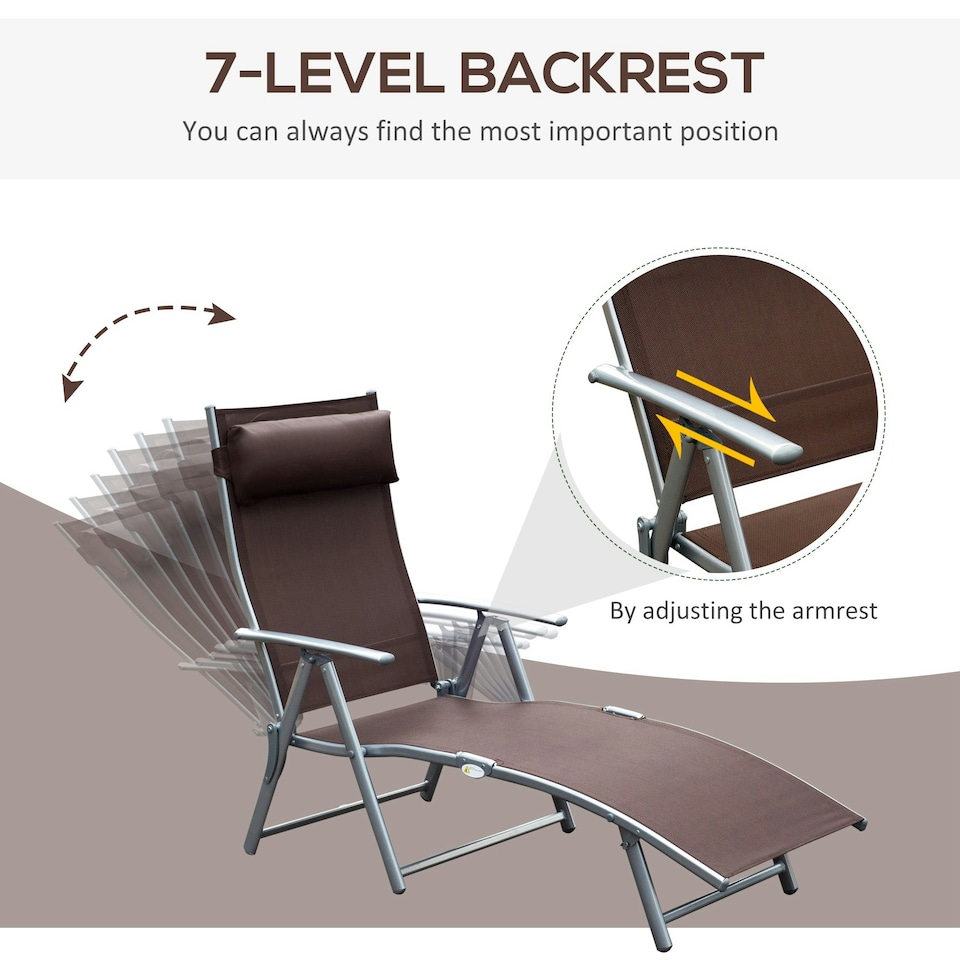 image 1 of Outsunny Sun Lounger Recliner w/ Pillow Foldable 7 Levels Texteline Brown