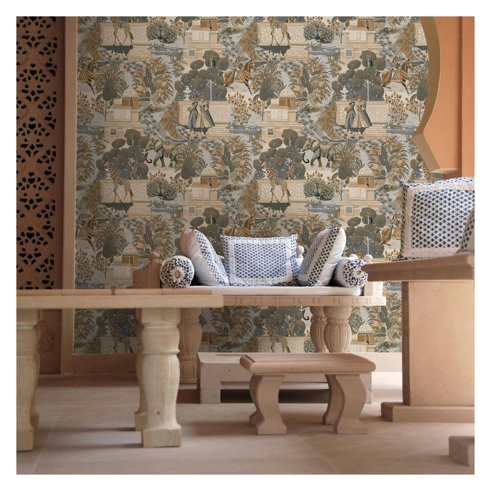 image 1 of Holden Décor Eastern Horizons Animal Palace Wallpaper - Blue/Orange - 10.05m x 0.53m Blue