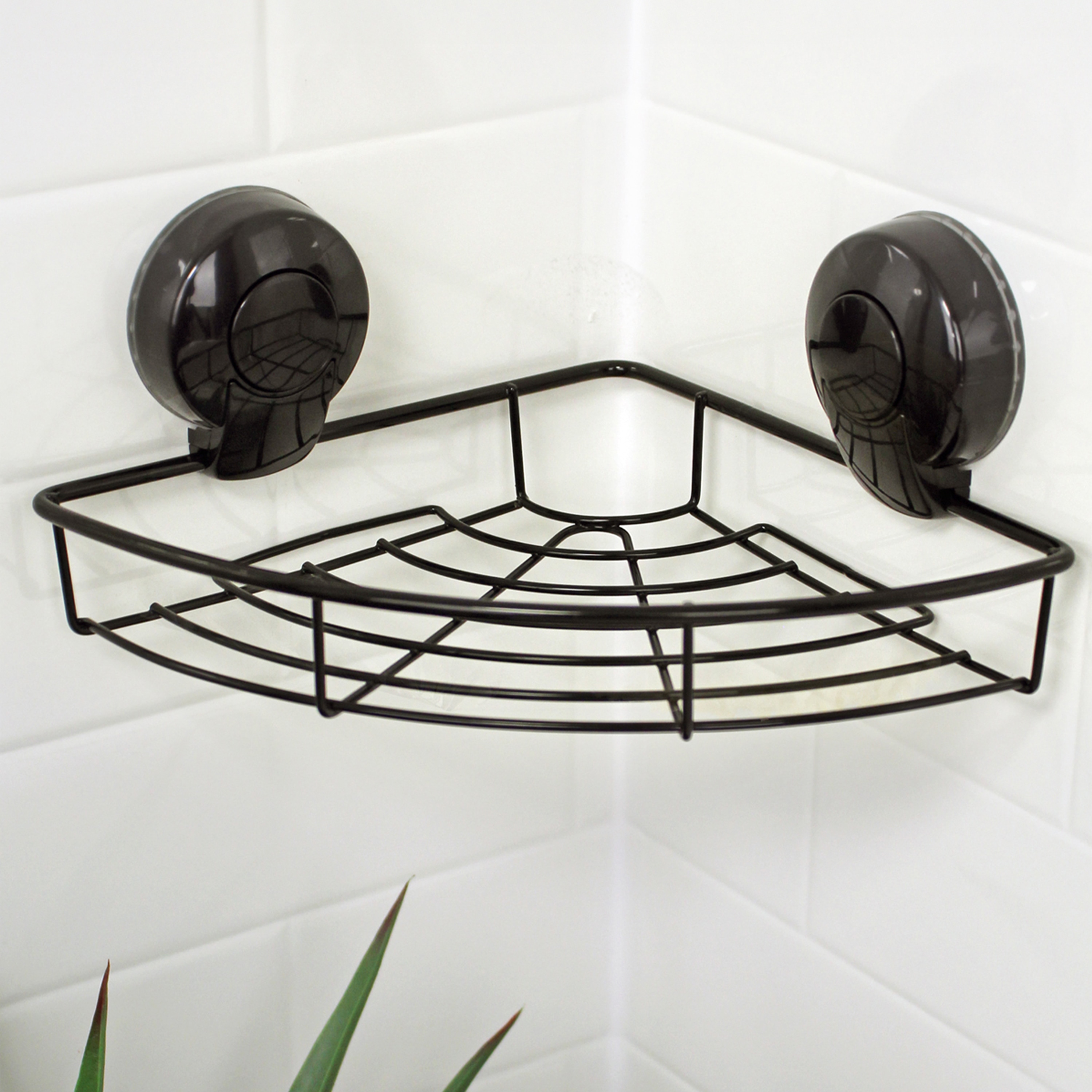 Showerdrape Suctionloc Black Suction Wall Mounted Corner Basket with Mounting Discs Black 1