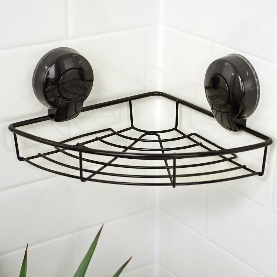 image 1 of Showerdrape Suctionloc Black Suction Wall Mounted Corner Basket with Mounting Discs | Black | 1