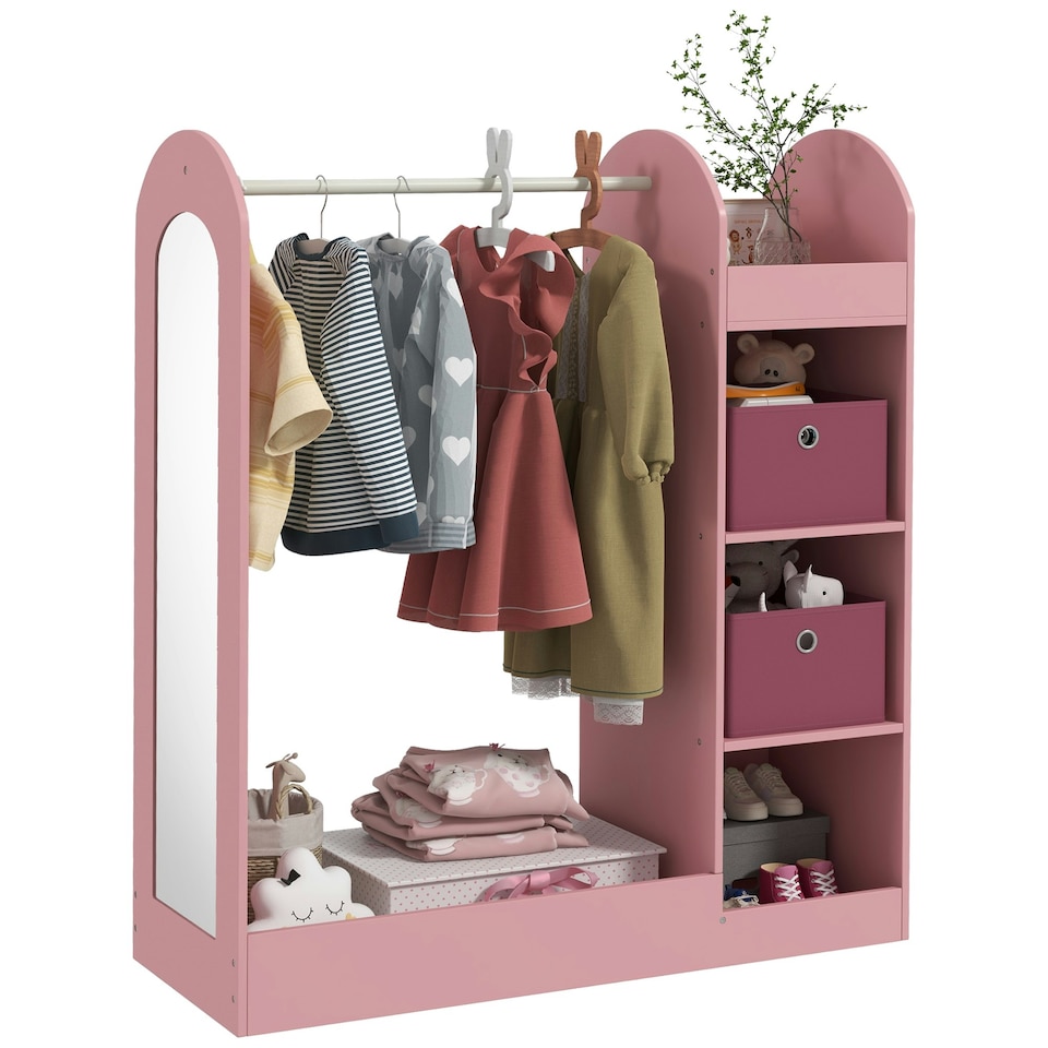 image 1 of AIYAPLAY Kids Clothes Rail with Storage Shelf, Boxes, Mirror, White