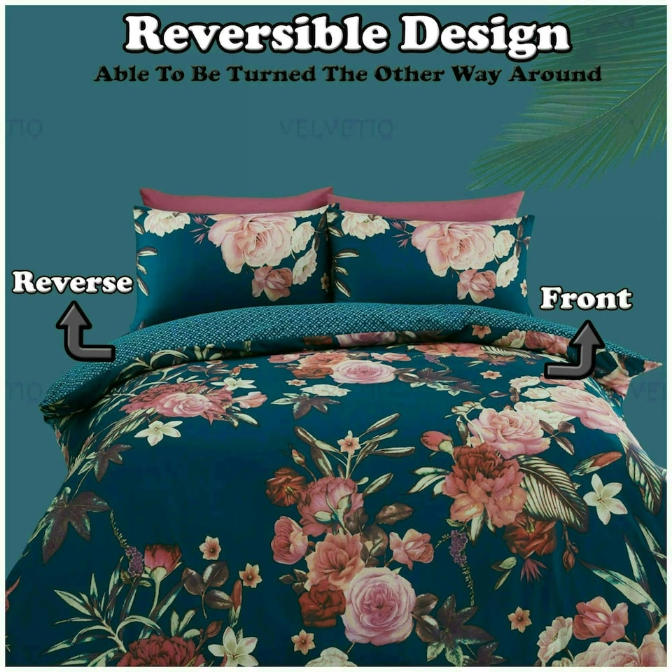 image 1 of VELVETIO Flora Printed Duvet Cover Set Reversible Polycotton Easy Care Beddings Purple | Double