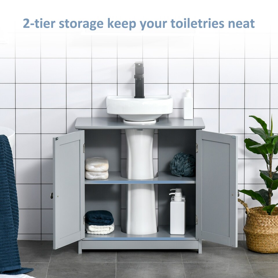 image 1 of kleankin 60x60cm Under-Sink Storage Cabinet w/ Adjustable Shelf Drain Hole Grey