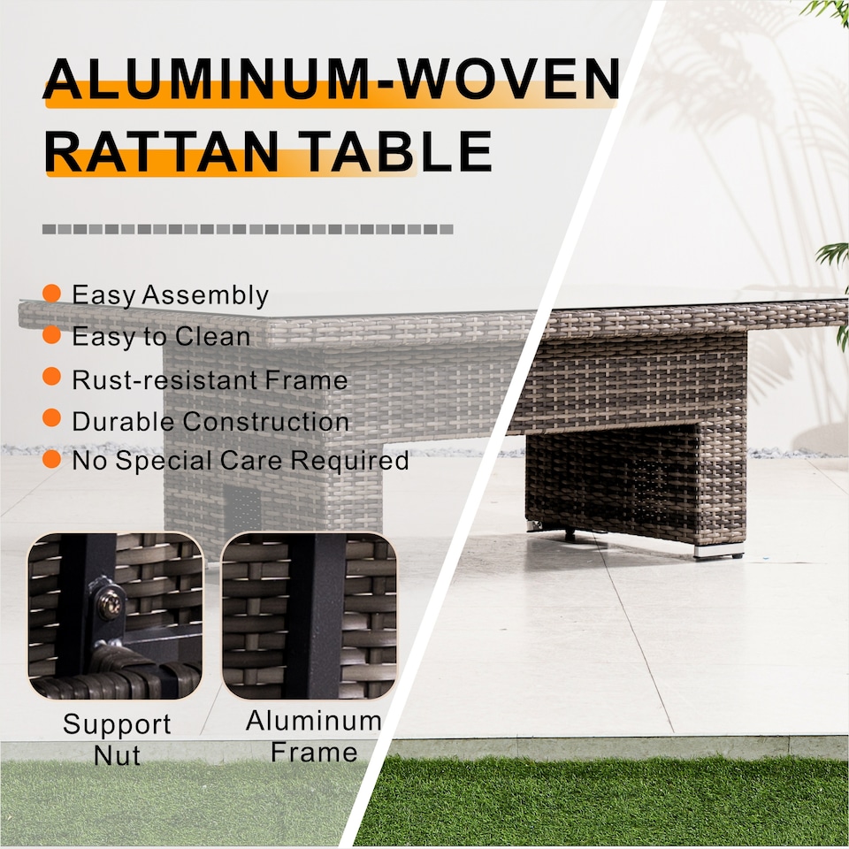image 1 of Direct Wicker Outdoor Garden Rattan Rising Table with 5mm Clear Tempered Glass Top, Aluminium Frame for Patio, Balcony | Brown