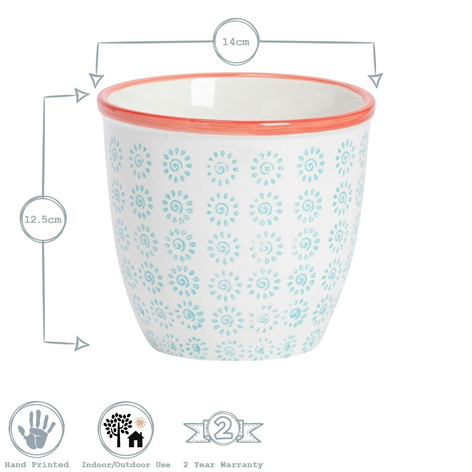 image 1 of Nicola Spring Hand-Printed Plant Pot - 14cm - Turquoise Blue