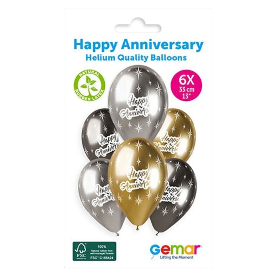 image 1 of Happy Anniversary Shiny Metallic Black, Silver & Gold Latex Balloons 33cm / 13 in - Pack of 6