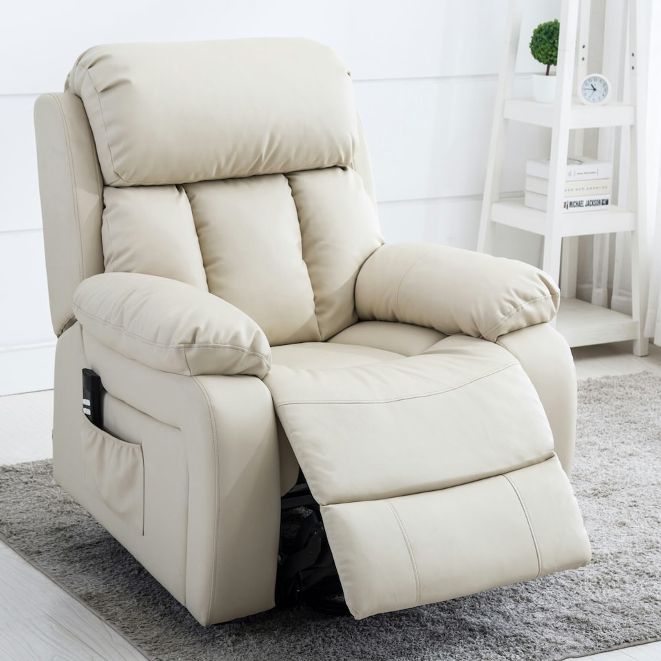 image 1 of Chester Dual Motor Rise Recliner Heat and Massage Bonded Leather Chair (Cream)