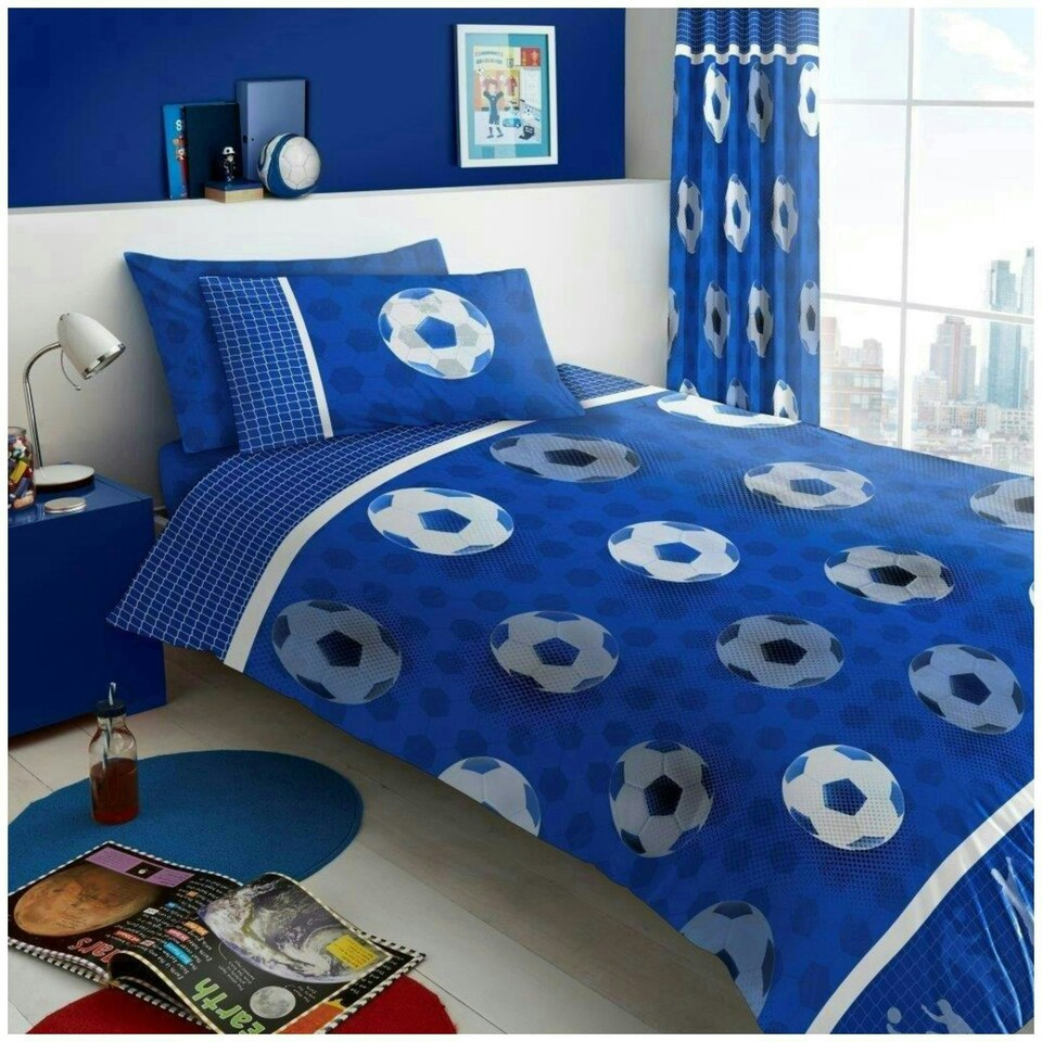 image 1 of VELVETIO Football Goals Duvet Cover Set Soft Polycotton Reversible Kids Beddings Blue | Double