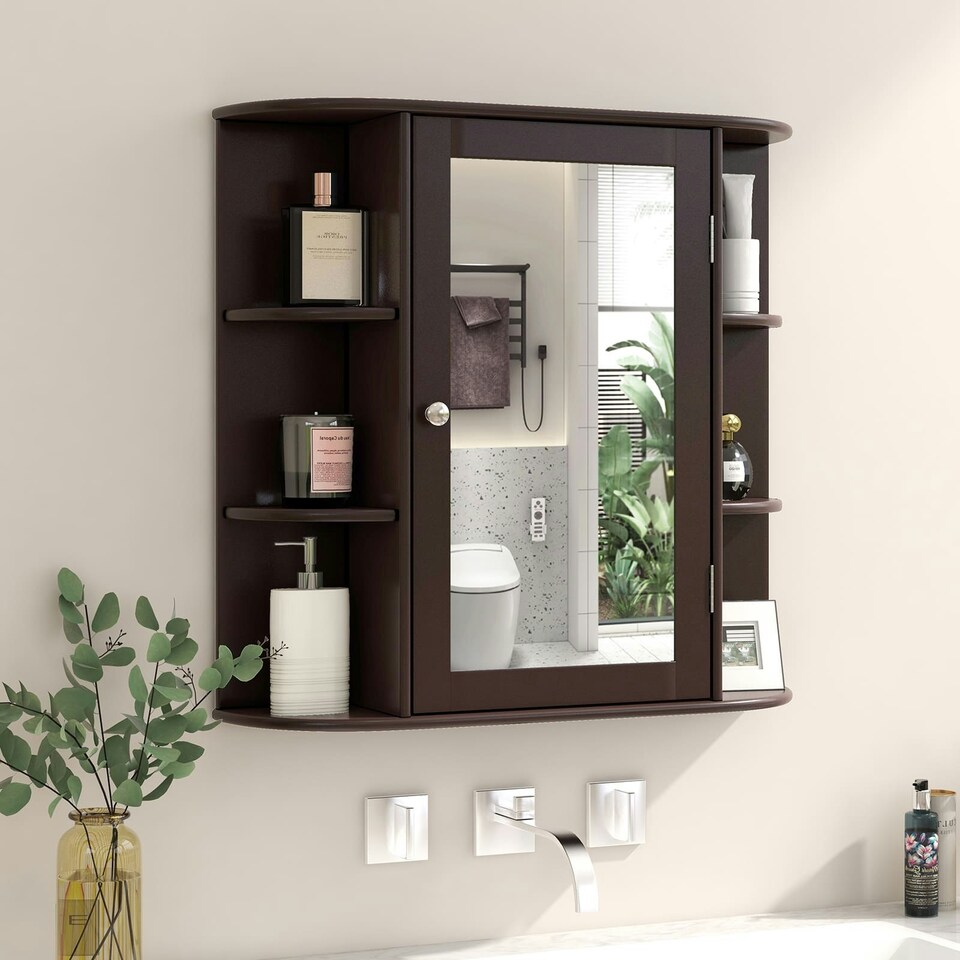 image 1 of COSTWAY Mirrored Bathroom Cabinet Wall Mount Storage Brown Brown