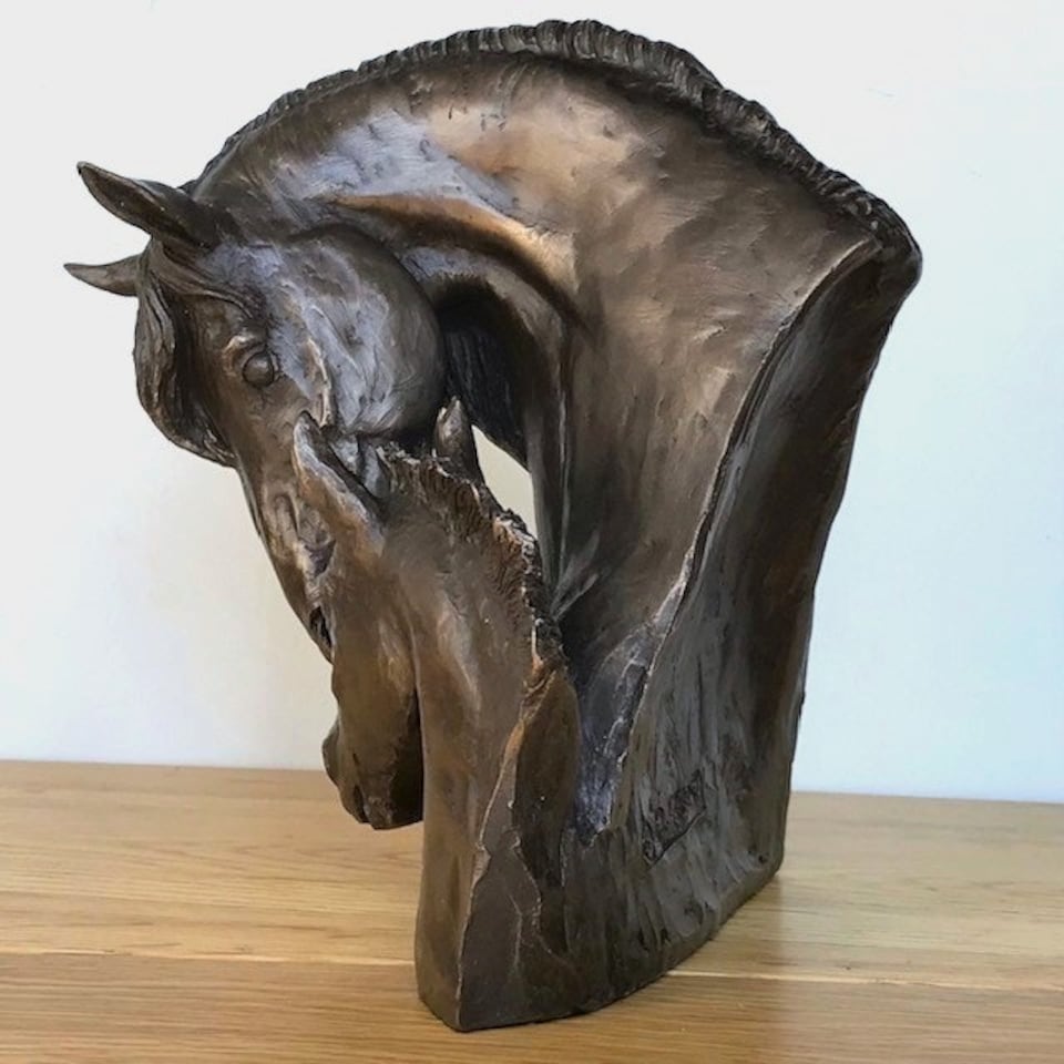 image 1 of Horse And Foal Heads Sculpture In Solid Cold Cast Bronze Designed By David Geenty