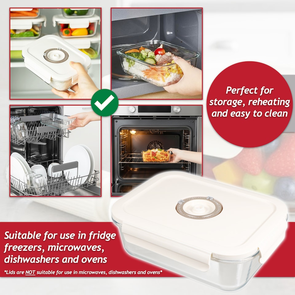 image 1 of SPARES2GO Vacuum Food Storage Glass Container with Securing Clips Lid + Manual Sealing Pump (Medium, 1040ml)