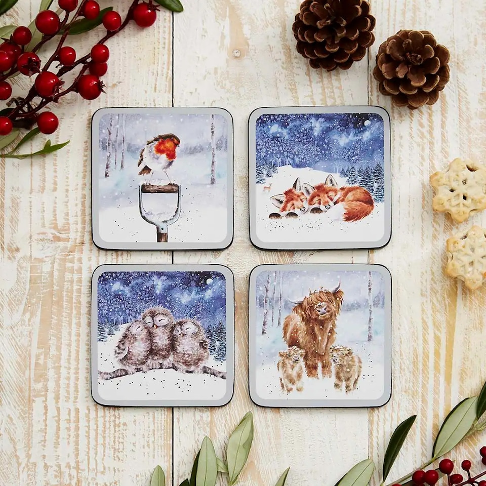 image 1 of Wrendale Designs Set of 4 Winter Sky Christmas Coasters - 10.5 x 10.5 cm.