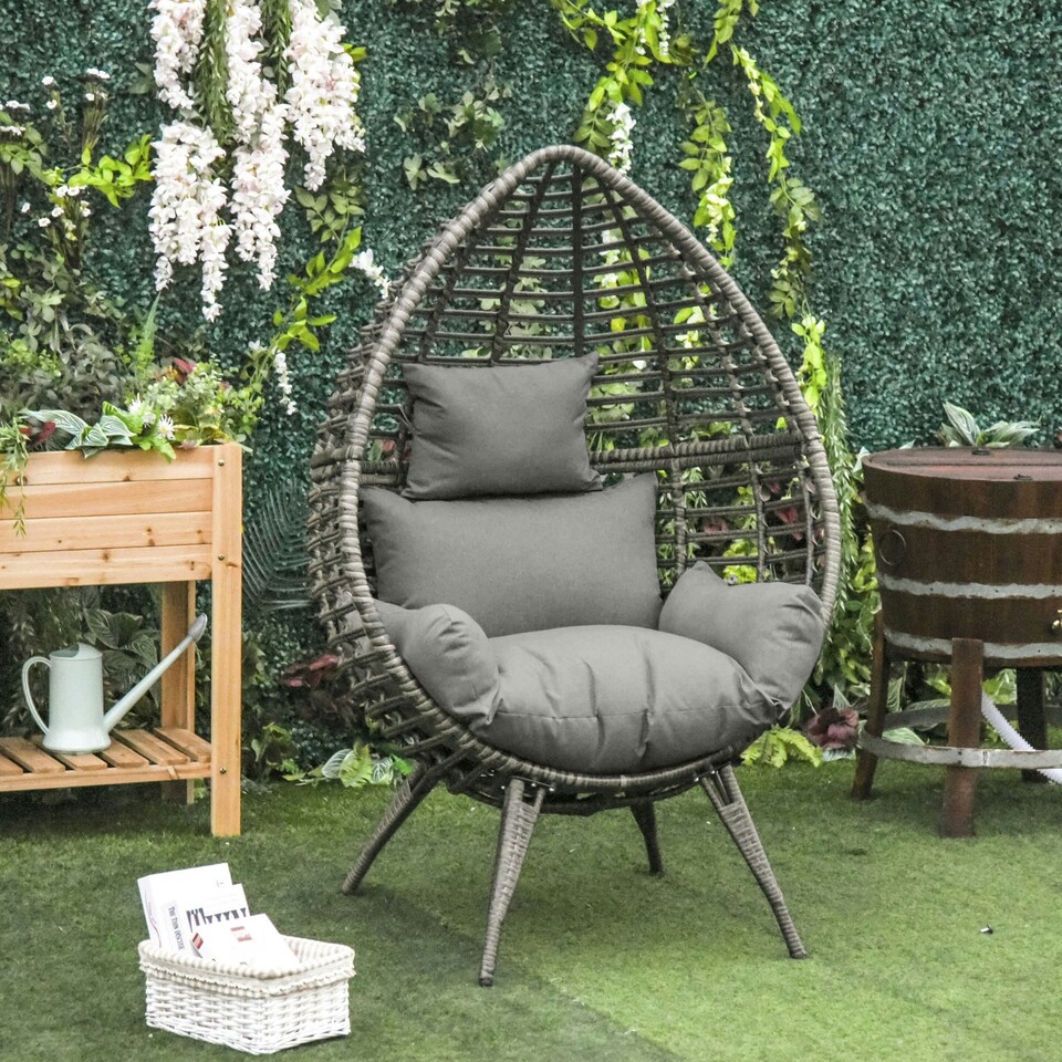 image 1 of Outsunny Garden Egg Chair, Teardrop Outdoor PE Rattan Chair with Full-body Soft Padded Cushion, Mixed Grey
