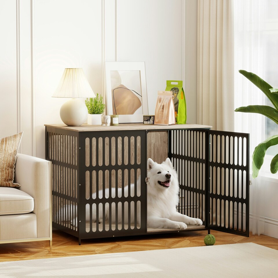image 1 of PawHut Dog Crate Furniture with Anti-Chew Resistant Mesh for XL Dogs